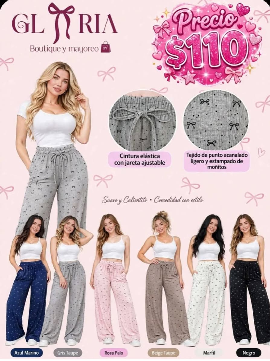Pantalón tipo pijama para mujer de punto acanalado con estampado de moñitos